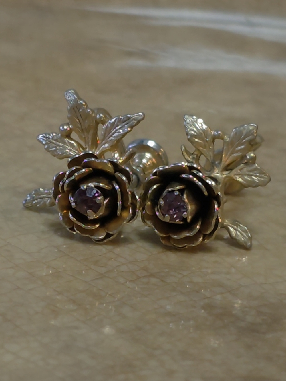 Vintage Mid-Century Rose Screw Back Earrings Gold Tone Purple Rhinestone